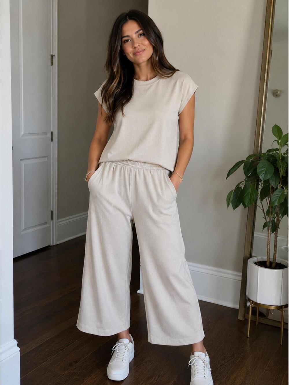 Danskin Beige Ribbed Lounge Set Wide Leg Cropped Pants & Cap Sleeve Top Size Med
